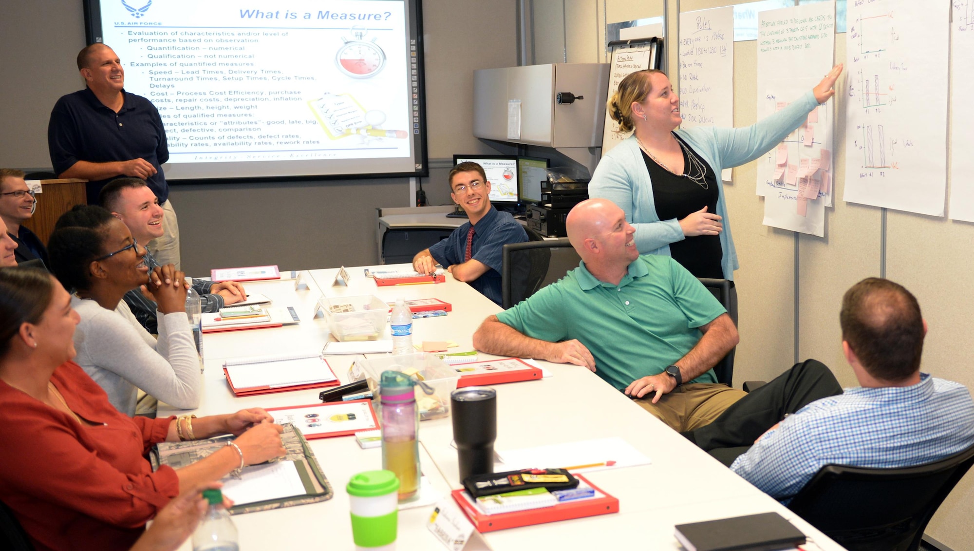 Staff Sgt. Tiffany Munatonez, Continuous Process Improvement trainee, briefs classmates on proposed countermeasures to a problem in Green Belt certification class at Barksdale Air Force Base, La., Aug. 18, 2016. Green Belt certification is the initial level of CPI training, which consists of one week of classroom instruction, followed by one year of field experience. (U.S. Air Force photo/Senior Airman Curt Beach)