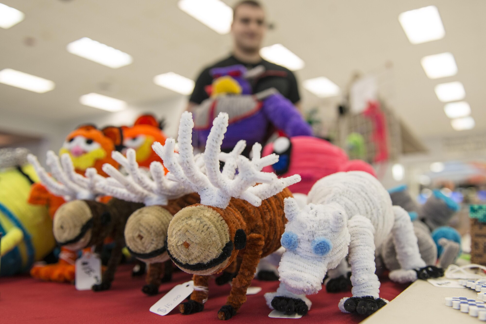 Animals made from pipe cleaners are displayed at the Base Exchange atrium April 22, 2016, at Eielson Air Force Base, Alaska. Robert Waid makes each piece of art to raise awareness about autism and show that if he can be successful with selling, anyone can. (U.S. Air Force photo by Staff Sgt. Ashley Nicole Taylor)