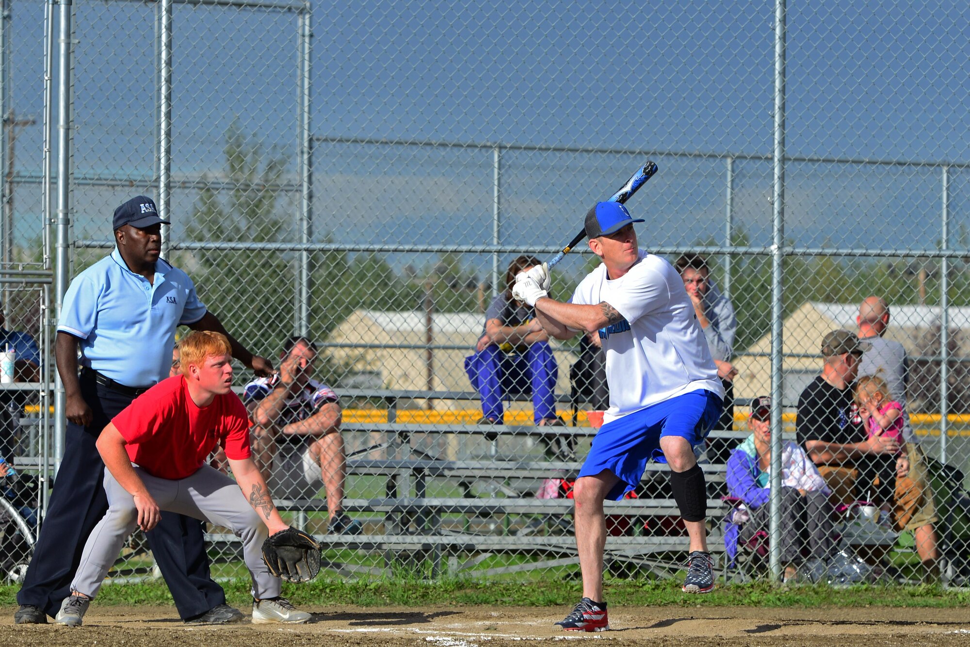 Phillip Kersey prepares for the hit at the baseball field behind Buckner Physical Fitness Center, at Joint Base Elmendorf-Richardson, Alaska, Aug. 18, 2016. Thirty-eight teams participated in the intramural softball 2016 season. Each team played 18 games in the regular season. Eight teams with the best record made it to the playoffs. (U.S. Air Force photo by Airman 1st Class Javier Alvarez)