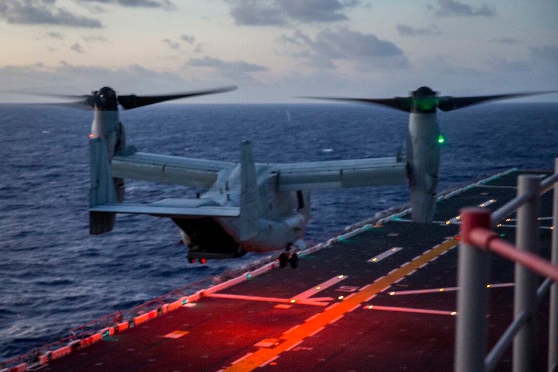 ABOARD USS BONHOMME RICHARD (LHD-6), At Sea (Aug. 24, 2016) – An MV-22B Osprey with Marine Medium Tiltrotor Squadron 262 (Reinforced), 31st Marine Expeditionary Unit, approaches the flight deck of the USS Bonhomme Richard (LHD-6), during normal flight operations at sea, Aug. 24, 2016. The 31st MEU is the Marine Corps’ only continuously forward-deployed Marine Air-Ground Task Force, and is task-organized to address a wide variety of military operations in the Asia-Pacific region – from force projection and maritime security to humanitarian assistance and disaster relief in cooperation with host countries and partner militaries. (U.S. Marine Corps photo by Lance Cpl. Jay A. Parks/ Released)