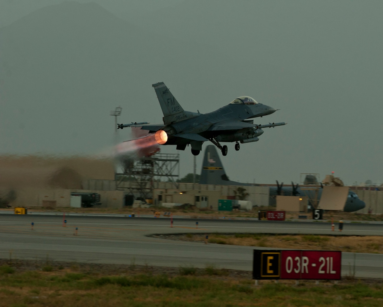 An F-16C Fighting Falcon takes off for mission in the skies of Afghanistan Aug. 22, 2016, Bagram Airfield, Afghanistan. F-16s deployed to Bagram Airfield provide over watch and close air support to U.S. and coalition forces through the Afghanistan area of operation. (U.S. Air Force photo by Capt. Korey Fratini)