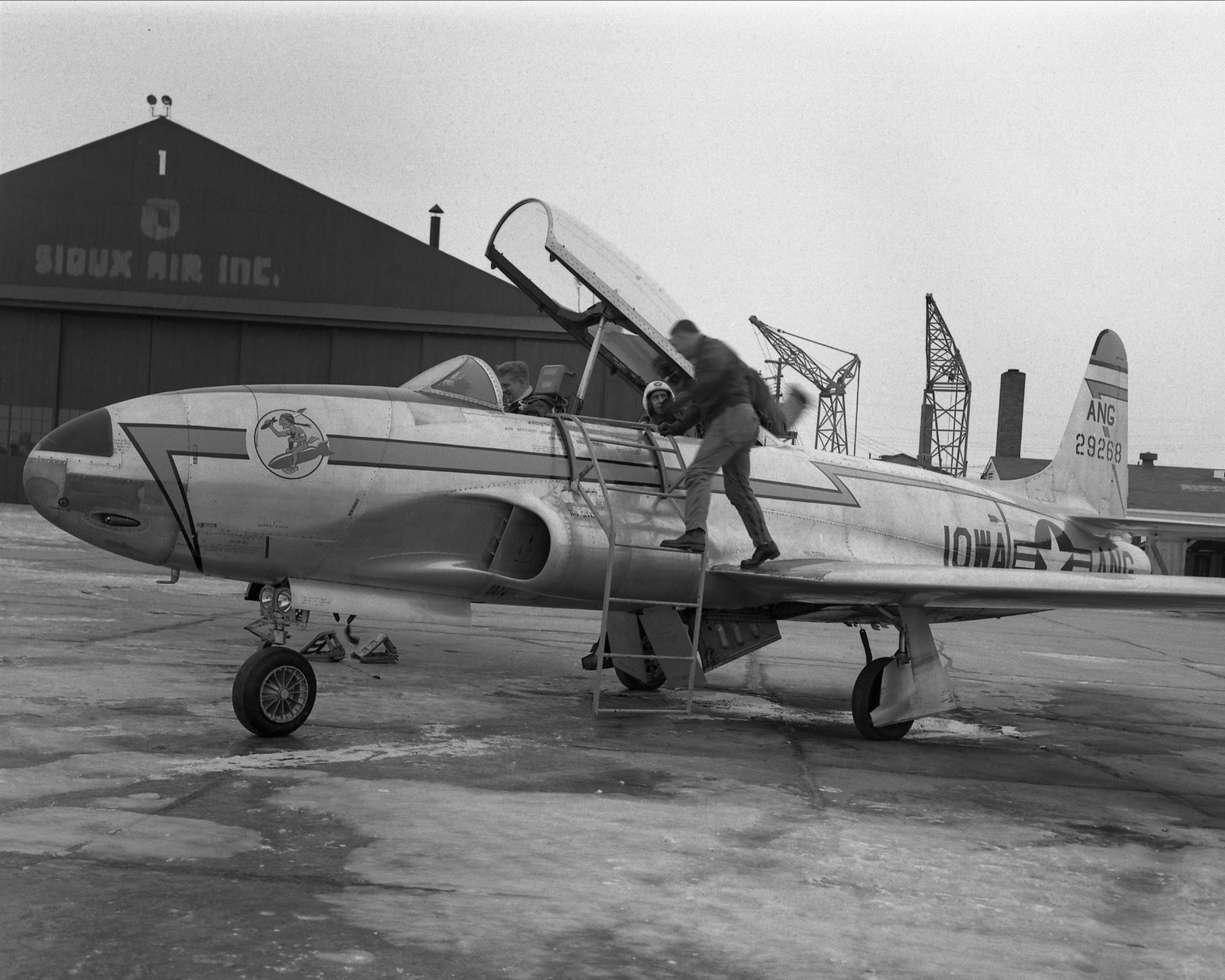 A U.S. Air Force F-80 Shooting Star assigned to the 174th Fighter Squadron, Iowa Air National Guard is on the ramp in Sioux City, Iowa in July, 1955. The Air National Guard squadron received the F-80 after the unit returned to Sioux City following an activation during the Korean War.
185th ARW Photo/ Released
