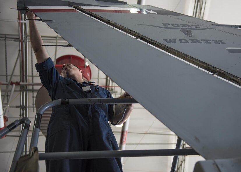Staff Sgt. Dustin Lesperance, 455th Expeditionary Maintenance Squadron crew chief, inspects a rotor on an F-16C Fighting Falcon, Bagram Airfield, Afghanistan, Aug. 22, 2016. Phase Airmen are assigned specific sections of the aircraft to ensure it is thoroughly inspected. (U.S. Air Force photo by Senior Airman Justyn M. Freeman)