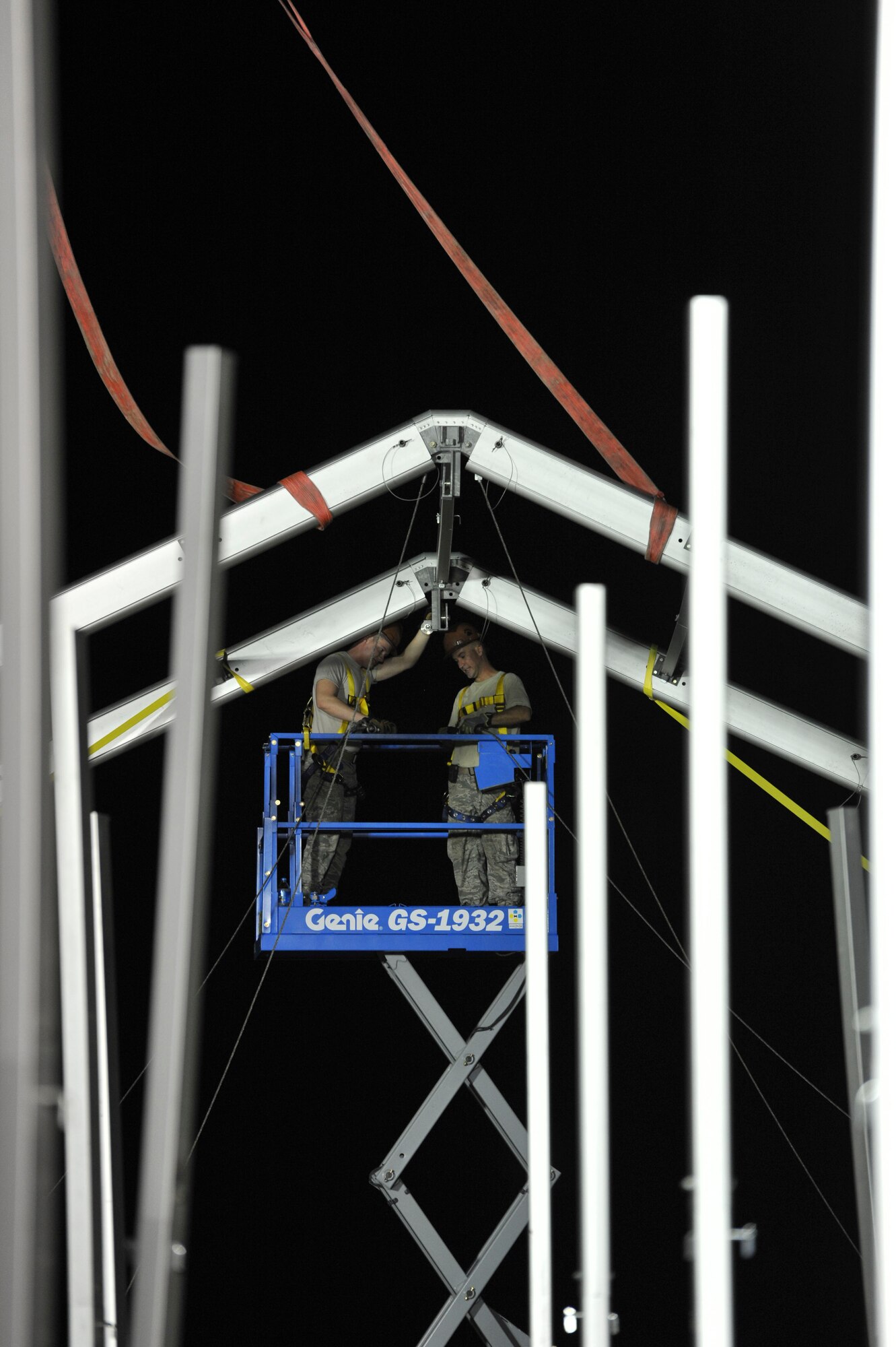 U.S. Air Force Airmen with the 49th Materiel Maintenance Squadron, from Holloman Air Force Base, N.M., adjust a rafter on an 8K dome shelter Aug. 7, 2016, at Incirlik Air Base, Turkey. Airmen are hand selected for deployments in teams of nine or thirteen depending on the mission. (U.S. Air Force photo by Airman 1st Class Devin M. Rumbaugh)