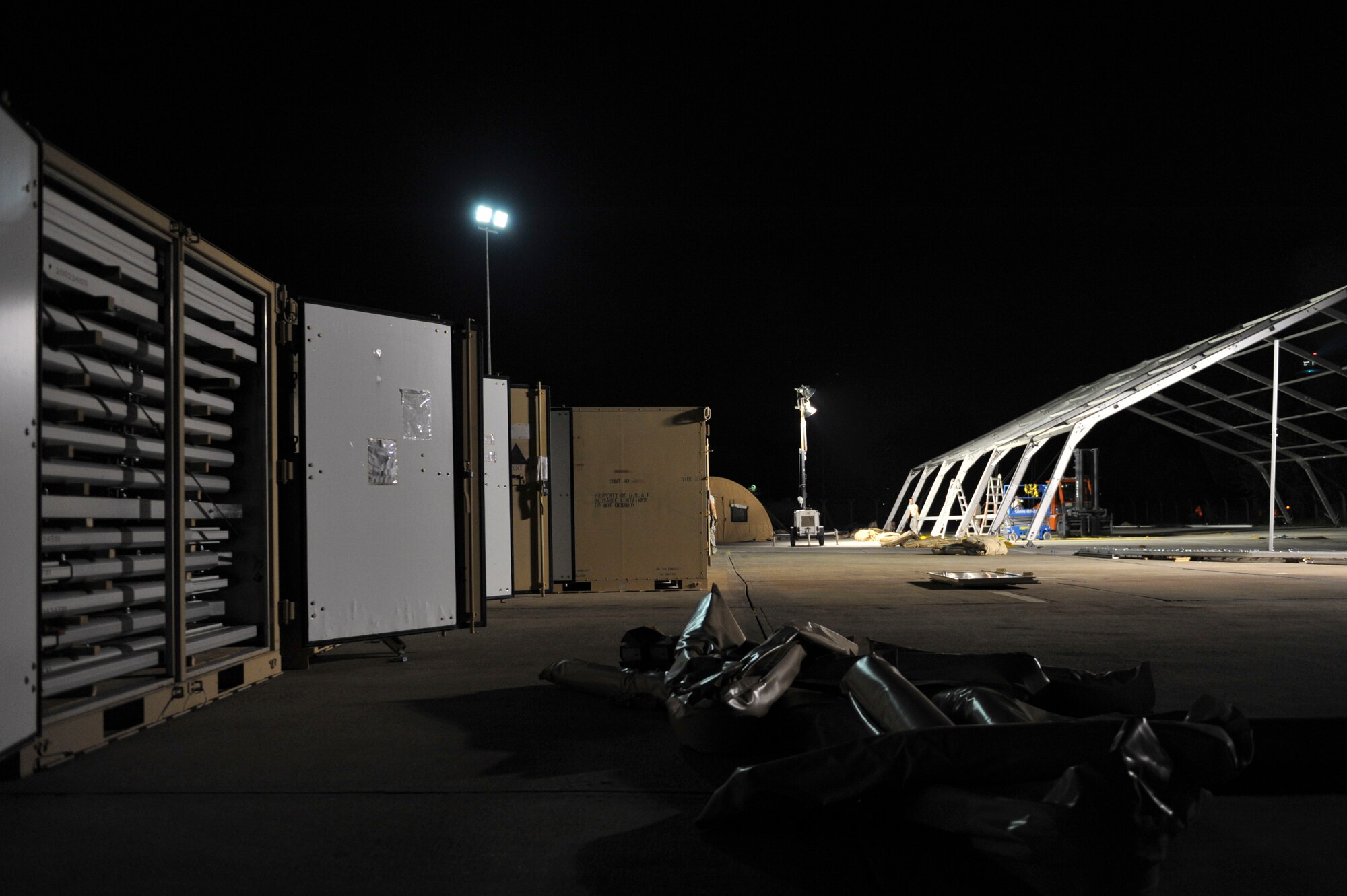 U.S. Air Force Airmen assigned to the 49th Materiel Maintenance Squadron, from Holloman Air Force Base, N.M., build an 8K dome shelter Aug. 8, 2016, at Incirlik Air Base, Turkey. Once complete, the shelters will be used to house aircraft for maintenance needs. (U.S. Air Force photo by Airman 1st Class Devin M. Rumbaugh)
