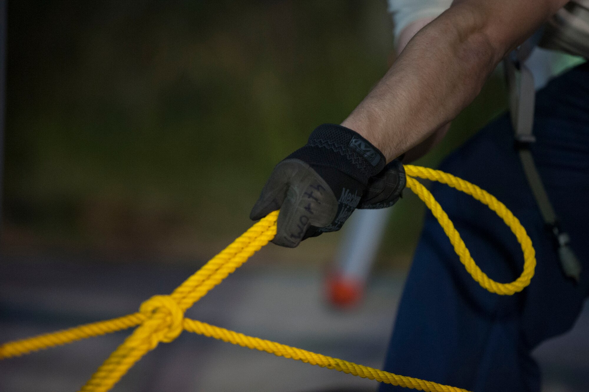 U.S. Air Force Senior Airman Bradley Dilworth, 49th Material Maintenance Squadron electrical power production specialist, from Holloman Air Force Base, N.M., pulls a rope Aug. 8, 2016, at Incirlik Air Base, Turkey. The rope was being used as an aid to construct an 8K dome shelter. (U.S. Air Force photo by Airman 1st Class Devin M. Rumbaugh)