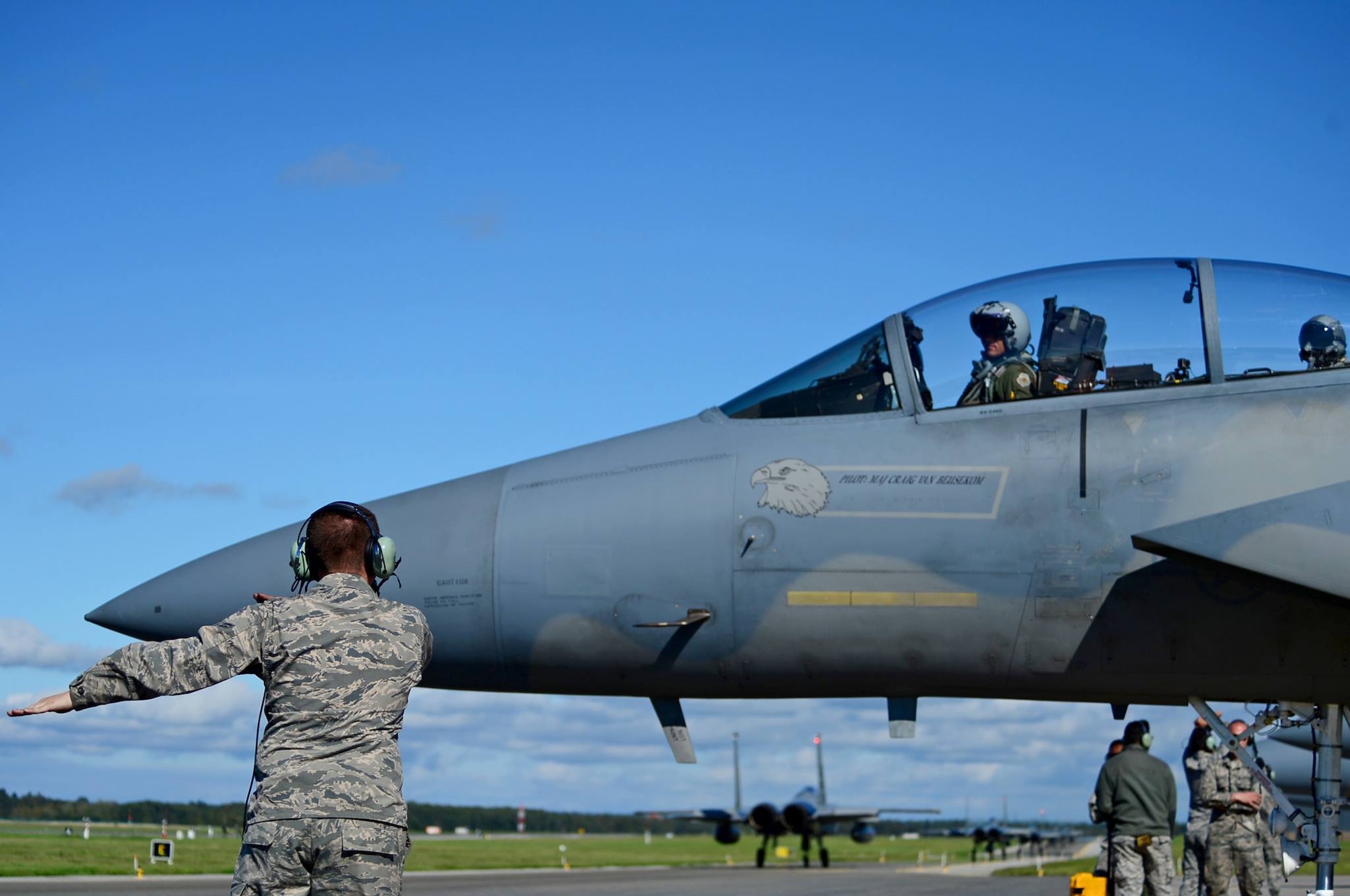 A U.S. Air Force 493rd Fighter Squadron pilot prepares for departure in an F-15D Eagle at Ämari Air Base, Estonia, Aug. 24, 2016. Martha Raddatz, ABC News chief global affairs correspondent, received a familiarization flight in the back of the aircraft to become familiar with the aircraft’s capabilities during the squadron’s multilateral flying training deployment. Five countries are participating in the FTD, which allows for various aircraft and Airmen to test their capabilities against each other in a realistic training environment. The 493rd FS is assigned to Royal Air Force Lakenheath, England. (U.S. Air Force photo by Senior Airman Erin Trower/Released)