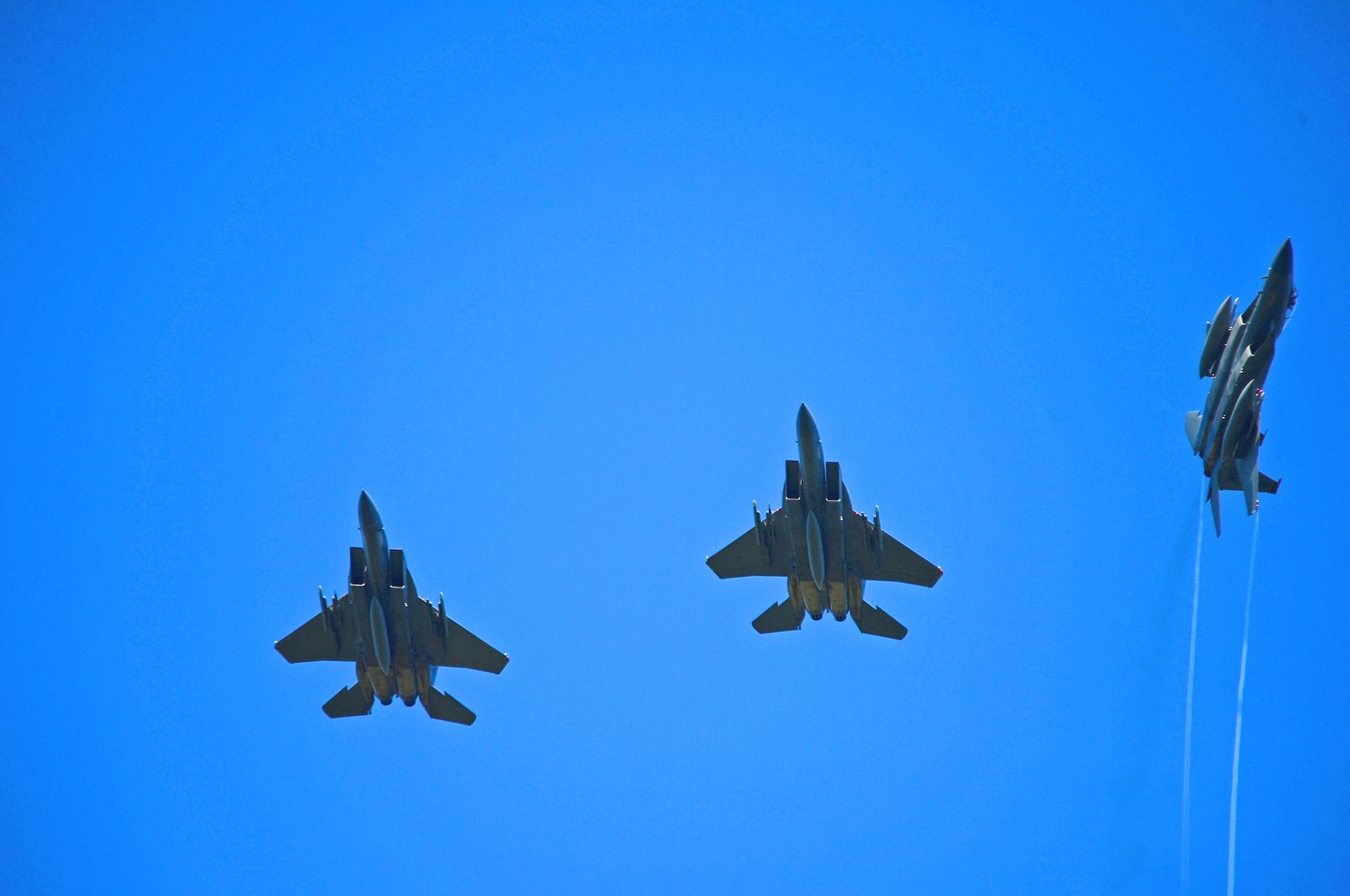 A formation of U.S. Air Force F-15C and D Eagles, assigned to the 493rd Fighter Squadron, fly over Ämari Air Base, Estonia, Aug. 24, 2016. Martha Raddatz, ABC News chief global affairs correspondent, took a familiarization flight in the back seat of the aircraft to become familiar with the jet’s capabilities during the squadron’s multilateral flying training deployment. Five countries are participating in the FTD, which allows for various aircraft and Airmen to test their capabilities against each other in a realistic training environment. The 493rd FS is assigned to Royal Air Force Lakenheath, England. (U.S. Air Force photo by Senior Airman Erin Trower/Released)