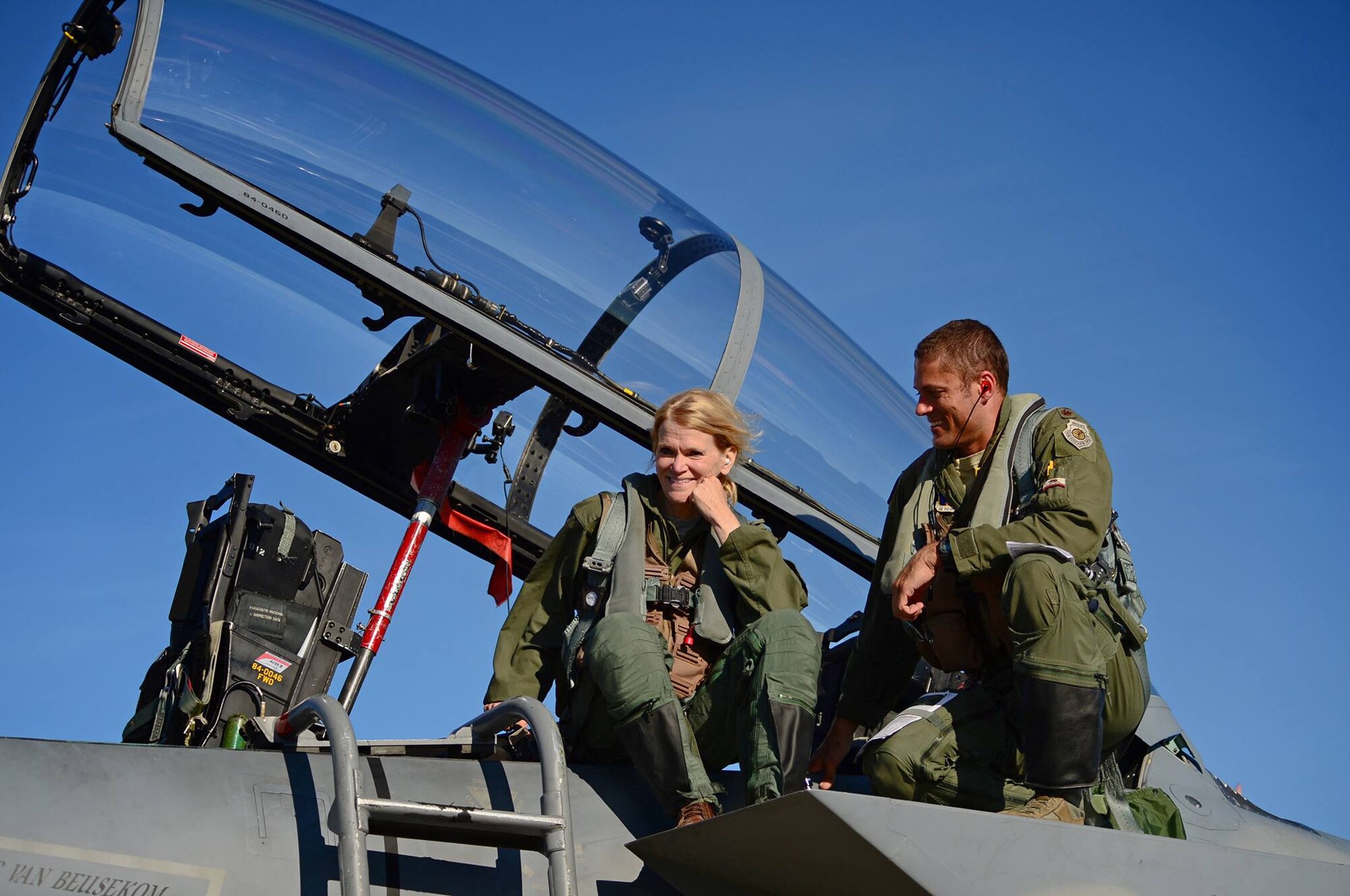 Martha Raddatz, ABC News chief global affairs correspondent, poses for a photograph on top of a 493rd Fighter Squadron F-15D Eagle with U.S. Air Force Maj. Benjamin Leestma, California Air National Guard 194th Expeditionary Fighter Squadron F-15C Eagle pilot, at Ämari Air Base, Estonia, Aug. 24, 2016. Raddatz flew alongside the 493rd FS and 194th EFS to become familiar with the aircraft’s capabilities during the squadron’s multilateral flying training deployment. Five countries are participating in the FTD, which allows for various aircraft and Airmen to test their capabilities against each other in a realistic training environment. The 493rd FS is assigned to Royal Air Force Lakenheath, England, and the 194th EFS is assigned to the California ANG in Fresno. (U.S. Air Force photo by Senior Airman Erin Trower/Released)