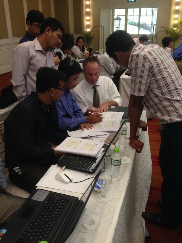 USACE Philadelphia District Hydraulic Engineer Steve England (center) answered questions about groundwater modeling during a USACE-led workshop in Cambodia. The workshop was designed to provide an overview of groundwater principles and modeling tools that can help engineers, planners, and water resources managers make more informed decisions.