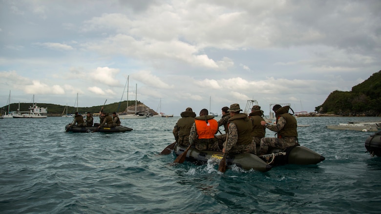 Marines with Marine Rotational Force - Darwin and French Army soldiers with 92nd Infantry Regiment paddle to their next destination during a French Armed Forces Nautical Commando Course off the coast of Noumea, New Caledonia, August 16, 2016. The course is a part of Exercise AmeriCal 16, a bilateral training exercise designed to enhance mutual combat capabilities and improve relations with our partners by exchanging a U.S. Marine Corps and French Armed Forces infantry platoon. While the U.S. Marines are in New Caledonia, the French infantry platoon traveled to Australia to participate in Exercise Koolendong 16 with U.S. and Australian forces. 
