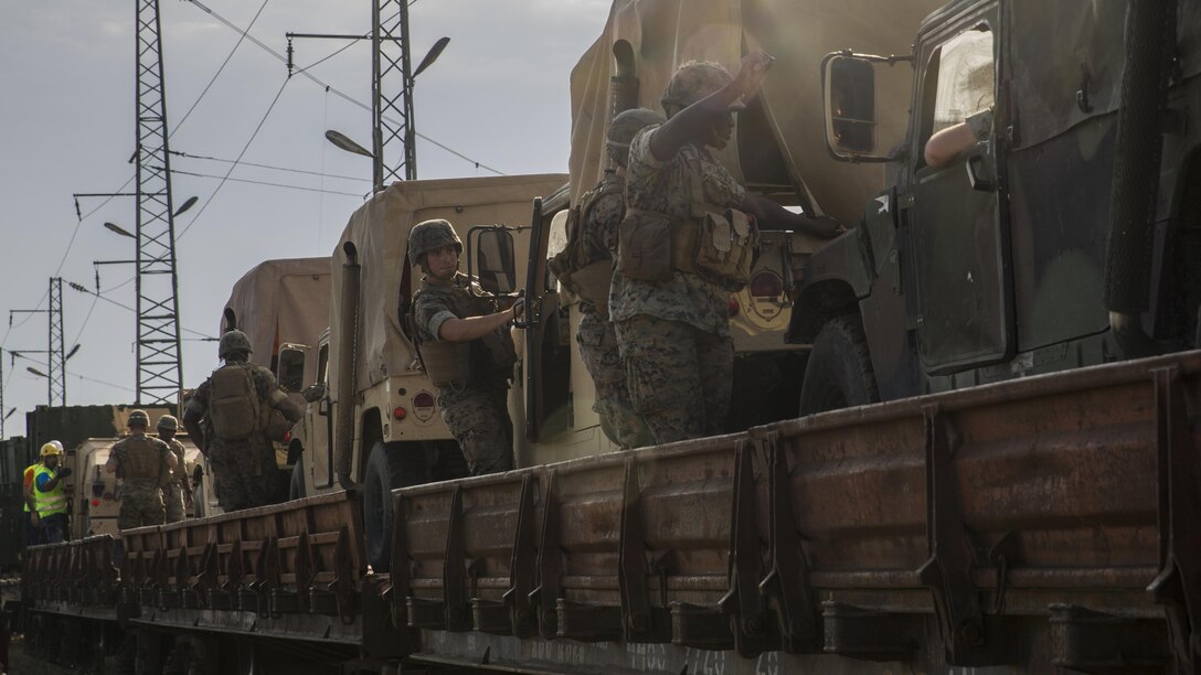 U.S. Marines moved gear onto the Bulgarian rail system, Aug. 23, 2016. The gear movement from Novo Selo Training Area, Bulgaria, to Agile Spirit 16 in Tbilisi, Georgia, demonstrated the Marines’ ability to pack, load and transport gear quickly to support operations anywhere in the Black Sea region.