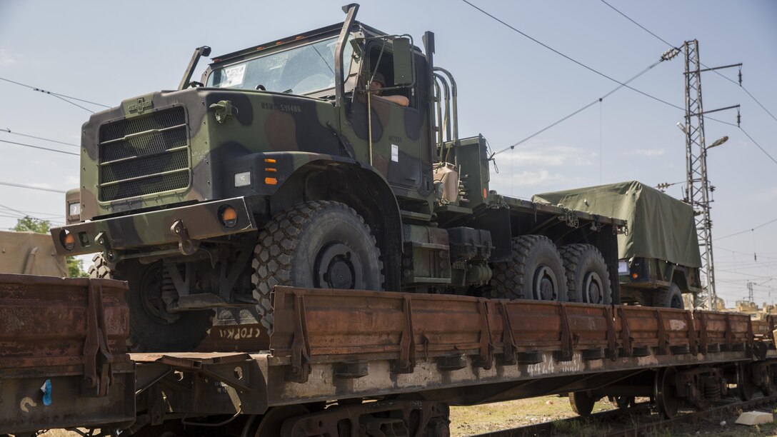 U.S. Marines moved gear onto the Bulgarian rail system, Aug. 23, 2016. The gear movement from Novo Selo Training Area, Bulgaria, to Agile Spirit 16 in Tbilisi, Georgia, demonstrated the Marines’ ability to pack, load and transport gear quickly to support operations anywhere in the Black Sea region.