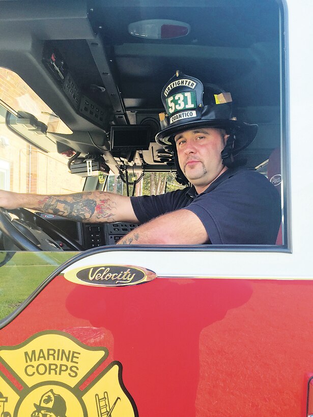 Firefighter Thomas Seablom, a nine year veteran with MCB Quantico Fire and Emergency Services, helped rescue an 83-year old participant in the Quantico Triathlon on August 20, 2016.