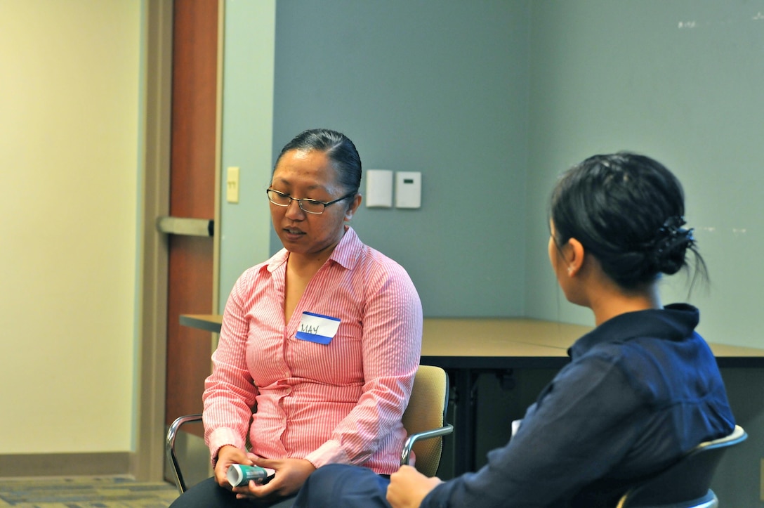 Sgt. Meuy Saelee, human resource specialist, 63rd Regional Support Command, expresses tormented suicidal thoughts to a co-worker after being passed over for promotion, as part of a role-playing scenario, during Applied Suicide Intervention Skills Training (ASIST), Aug. 24, Armed Forces Reserve Center, Mountain View, Calif. The two-day course, which uses a prescribed curriculum from Living Works Education, focuses primarily on intervention and how to safely assist those suffering from suicidal thoughts.