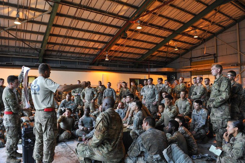 A U.S. Army jumpmaster assigned to the 3rd Brigade Combat Team, 82nd Airborne Division from Fort Bragg, N.C., briefs static-line jump procedures prior to a mass personnel drop Aug. 18, 2016, near Fort Polk, La. The jump provided realistic training for soldiers to prepare for contingency operations and marks the start of Exercise Green Flag Little Rock 16-09. (U.S. Air Force photo by Airman Kevin Sommer Giron)