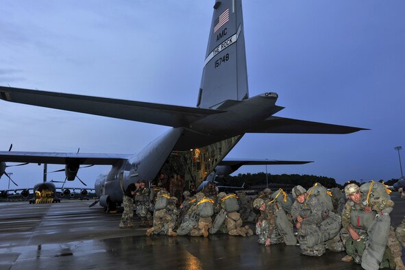 Soldiers assigned to the 3rd Brigade Combat Team, 82nd Airborne Division from Fort Bragg, N.C., board a C-130J Super Hercules for a static-line jump in support of exercise Green Flag Little Rock 16-09 on Aug. 18, 2016, near Fort Polk, La. Six C-130Js assigned to Little Rock Air Force Base, Ark., and Dyess AFB, Texas, participated in the exercise, lending their airlift capabilities to the 3rd BCT paratroopers. (U.S. Air Force photo/Airman Kevin Sommer Giron)