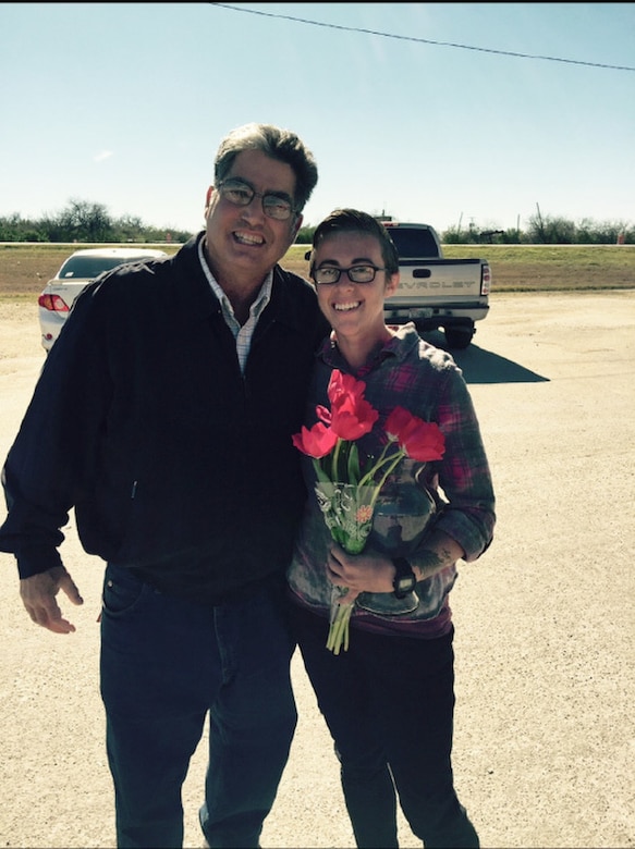 Texas Army National Guard Spc. Brittany Reppond, with the 197th Special Troops Support Company based out of Camp Bullis, right, poses for a photo with Arthur Corenblith at the Methodist Specialty and Transplant Hospital in San Antonio, Feb. 18, 2016. Texas Army National Guard photo by Sgt. Elizabeth Pena