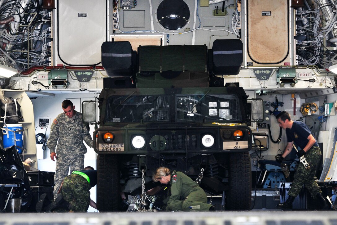 U.S. and Canadian soldiers load an Avenger air defense system, which uses surface-to-air missiles to provide protection for ground units, onto a Canadian air force Globemaster III aircraft in Greenville, S.C., Aug. 13, 2016. The soldiers are assigned to the South Carolina Army National Guard’s 2nd Battalion, 263rd Air Defense Artillery Battalion, 263rd Army Air and Missile Defense Command. A Canadian mobile air movement team assigned to the 2nd Air Movement Squadron supervised all rigging and loading operations in conjunction with the Avenger system’s operators. Army National Guard photo by Staff Sgt. Roby Di Giovine