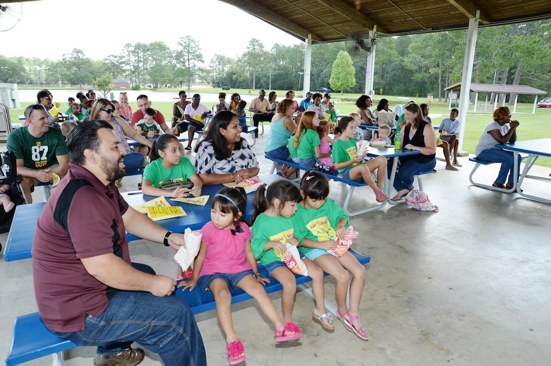 Marine Corps Logistics Base Albany’s Summer Reading Program participants gather for the Summer Reading Awards Program at Covella Pond, Aug. 20.