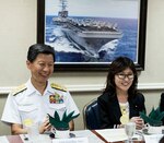 Japanese Minister of Defense, Tomomi Inada, (right) and Adm. Tomohisa Takei Maritime Staff Office chief of staff (left), receive a brief about the mission of forward-deployed naval forces during a tour of the U.S. Navy’s only forward-deployed aircraft carrier, USS Ronald Reagan (CVN 76), Aug. 23, 2016. Ronald Reagan is forward deployed to Japan in support of security and stability in the Indo-Asia-Pacific. 