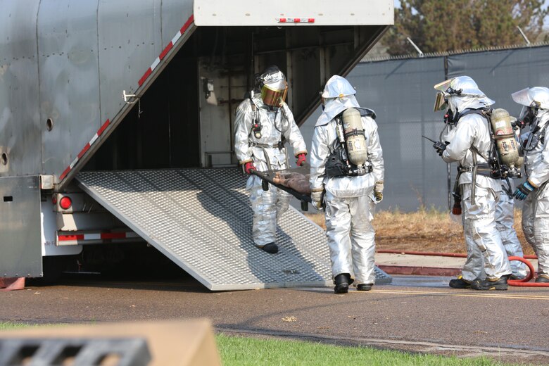 Marines with Aircraft Rescue and Firefighting transport a simulated casualty during an Aircraft Mass Casualty exercise aboard Marine Corps Air Station Miramar, Calif., Aug. 24. Marines with ARFF and fire fighters with MCAS Miramar’s Fire Department worked alongside San Diego first responders to improve response times, solidify existing standard operating procedures for emergencies and fulfill annual training requirements. (U.S. Marine Corps photo by Pfc. Jake M.T. McClung/Released)