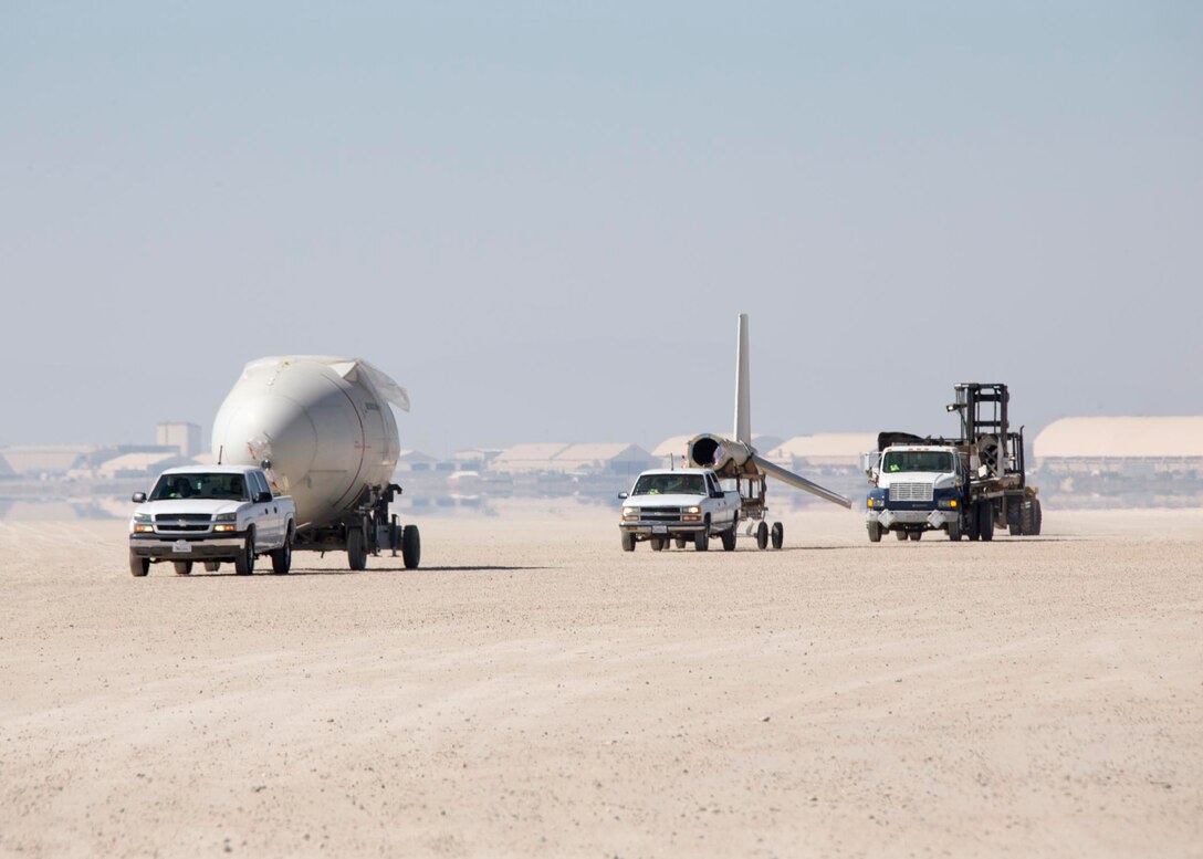 The Phantom Eye aircraft was towed in pieces to the Air Force Flight Test Museum's restoration hangar Aug. 17. (U.S. Air Force photo by Christopher Okula)