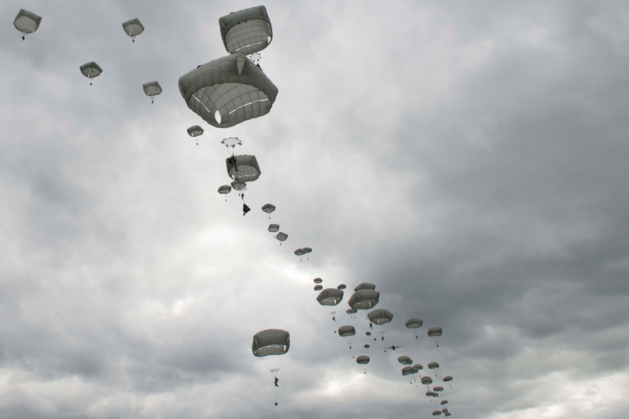 Paratroopers assigned to the 4th Infantry Brigade Combat Team (Airborne), 25th Infantry Division, U.S. Army Alaska, glide toward their target during a joint forcible entry exercise at Malemute Drop Zone on Joint Base Elmendorf-Richardson, Alaska, Aug. 23, 2016, as part of Exercise Spartan Agoge. Spartan Agoge is a brigade-level field training exercise that began Aug. 15, focused on an array of combat-related tasks from squad live-fire exercises to helicopter air insertion and airborne training. (U.S. Air Force Airman 1st Class Javier Alvarez)
