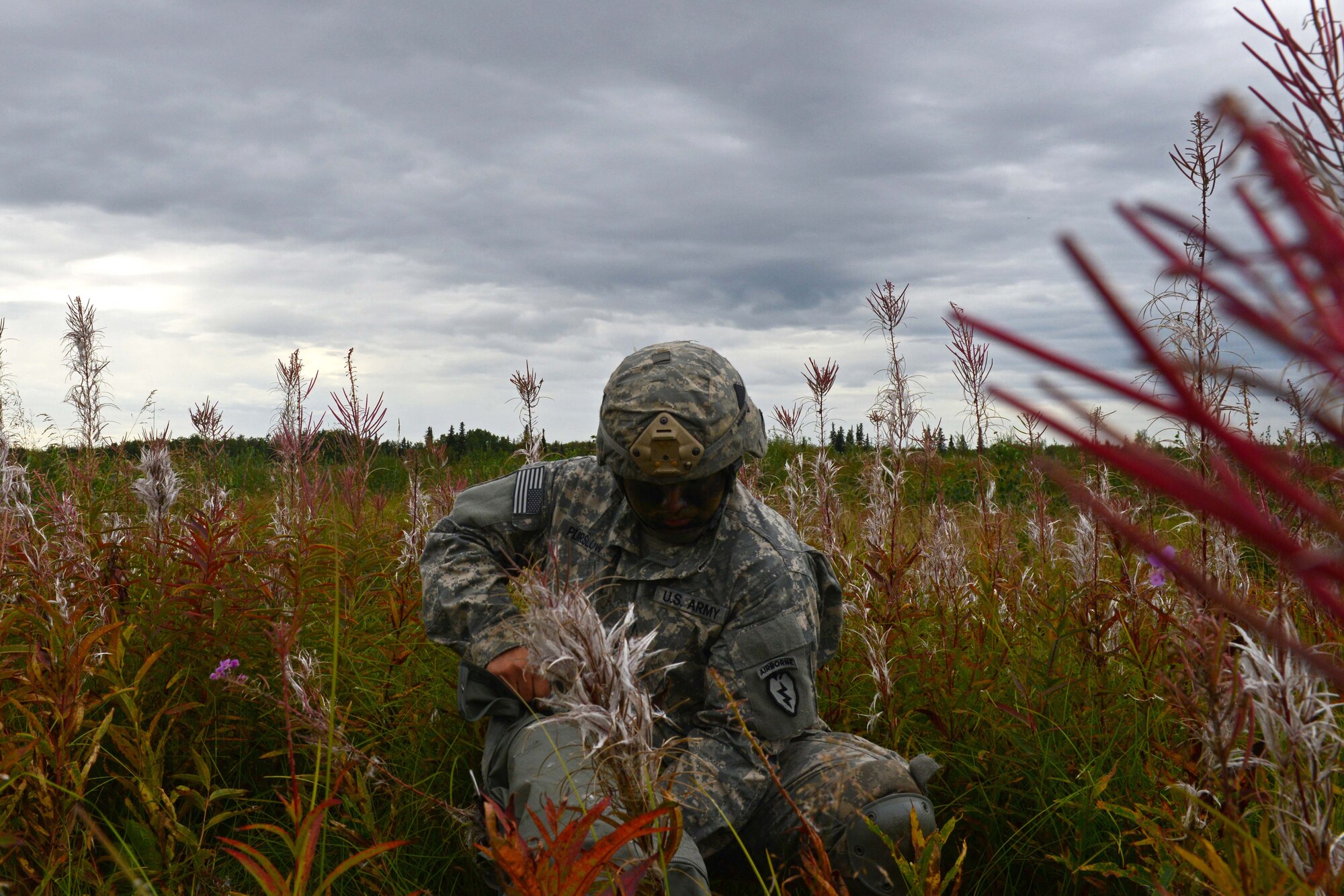 A paratrooper assigned to 1st Battalion, 501st Parachute Infantry Regiment, 4th Infantry Brigade Combat Team (Airborne), 25th Infantry Division, U.S. Army Alaska, places his weapon into operation during a joint forcible entry exercise at Malemute Drop Zone on Joint Base Elmendorf-Richardson, Alaska, Aug. 23, 2016, as part of Exercise Spartan Agoge. Spartan Agoge is a brigade-level field training exercise that began Aug. 15, focused on an array of combat-related tasks from squad live-fire exercises to helicopter air insertion and airborne training. (U.S. Air Force Airman 1st Class Javier Alvarez)