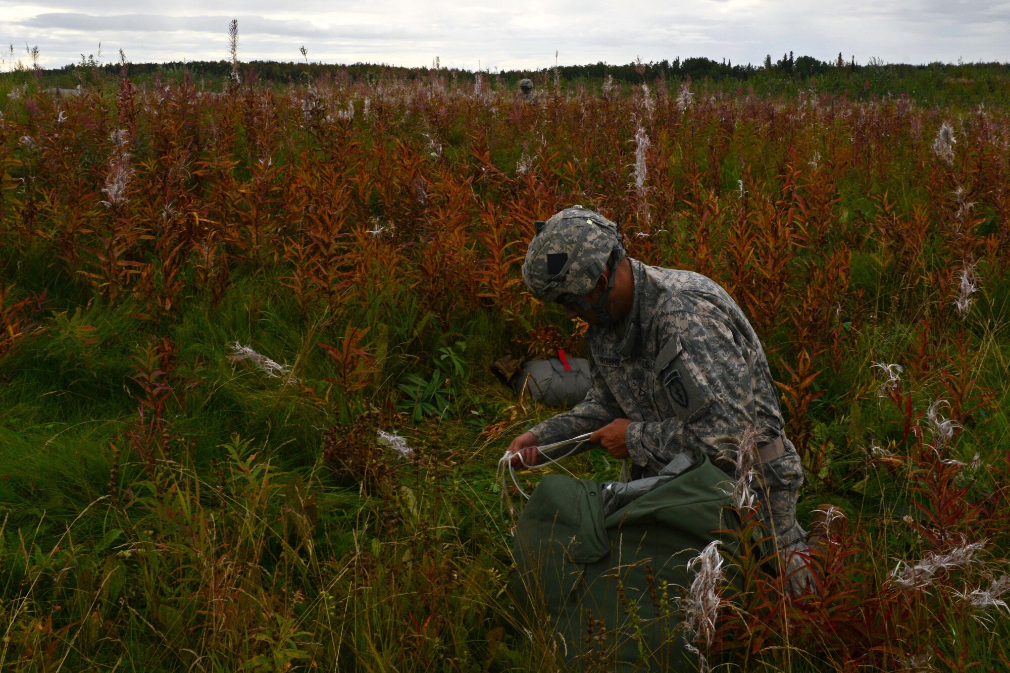 Pfc.Timothy Robbins, a paratrooper assigned to 1st Battalion, 501st Parachute Infantry Regiment, 4th Infantry Brigade Combat Team (Airborne), 25th Infantry Division, U.S. Army Alaska, recovers his parachute during a joint forcible entry exercise at Malemute Drop Zone on Joint Base Elmendorf-Richardson, Alaska, Aug. 23, 2016, as part of Exercise Spartan Agoge. Spartan Agoge is a brigade-level field training exercise that began Aug. 15, focused on an array of combat-related tasks from squad live-fire exercises to helicopter air insertion and airborne training. (U.S. Air Force Airman 1st Class Javier Alvarez)