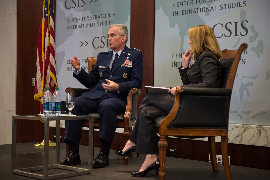 U.S. Air Force Gen. Paul J. Selva, vice chairman of the Joint Chiefs of Staff, answers an attendee's question during a military strategy forum at the Center for Strategic and International Studies in Washington, D.C., Aug. 25, 2016. Selva discussed the future of joint capabilities and military innovation. DoD photo by Army Sgt. James K. McCann