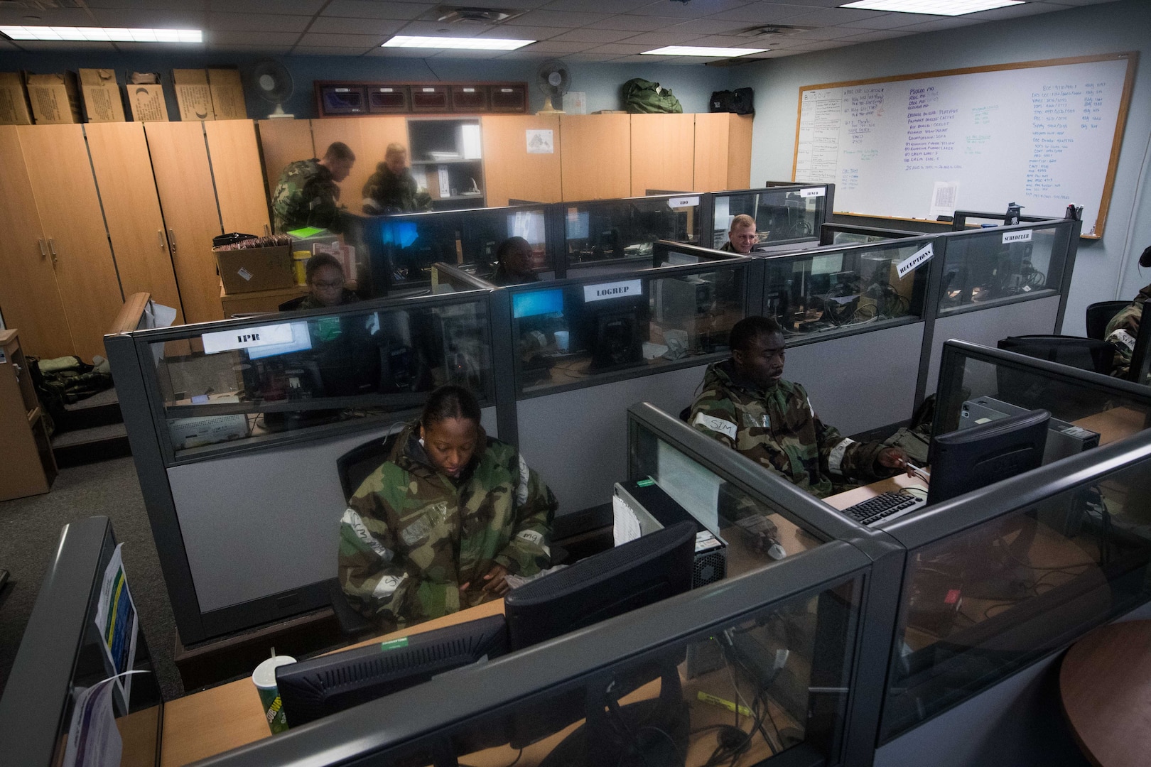 U.S. Airmen from the 51st Mission Support Group work inside of the Deployment Readiness Control Center (DRCC) during Exercise Beverly Herd 16-2 at Osan Air Base, Republic of Korea, Aug. 26, 2016. Team Osan’s DRCC serves as the hub for Airmen, cargo and equipment that deploy to and from Osan during exercises and real world contingencies. (U.S. Air Force photo by Senior Airman Dillian Bamman)