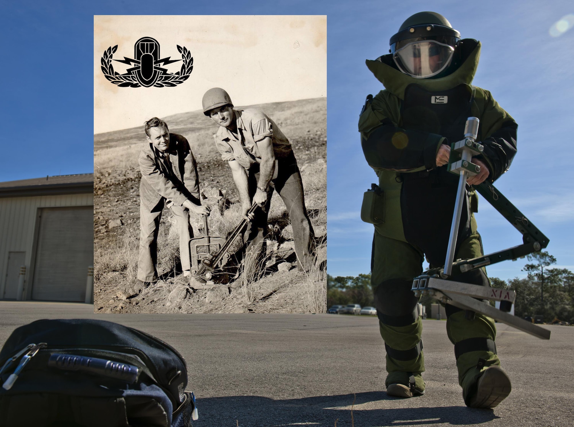 Explosive ordnance disposal then and now.  (Graphic/Samuel King Jr.)