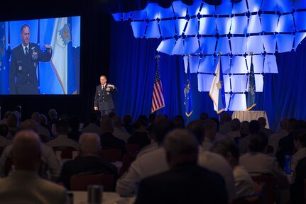 U.S. Air Force Chief of Staff Gen. David L. Goldfein delivers a speech during the Air Force Sergeants Association Professional Airmen’s Conference and International Convention at the Grand Hyatt in San Antonio Aug. 24, 2016. Goldfein performed a question and answer session with attendees to conclude his speech and addressed topics such as how instructors can impact Airmen during their time at First Term Airman Center. 