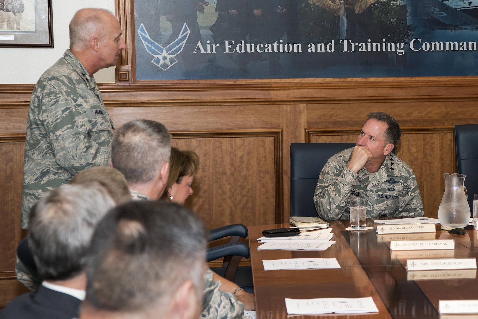 U.S. Air Force Maj. Gen. Garrett Harencak, Air Force Recruiting Service commander, discusses methods for recruitment with Air Force Chief of Staff Gen. David L. Goldfein during a roundtable meeting at Joint Base San Antonio-Randolph Aug. 23, 2016. The purpose of the meeting was to provide insights and challenges faced for recruiters in specialty careers such as medical, engineering and special operations.