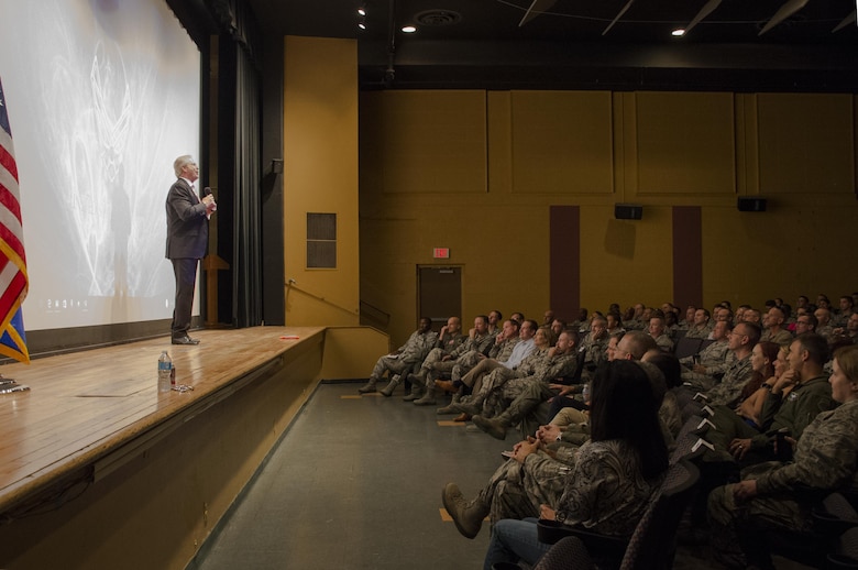 Dan Clark, an inspirational speaker and author, speaks to the Airmen stationed at Davis-Monthan AFB, Ariz. about leadership at the base theater, Aug. 24, 2016. Clark conducted a one and a half-hour leadership seminar at the base theater for all military, civilians, and spouses. (U.S. Air Force photo by Tech. Sgt. Heather R. Redman) 