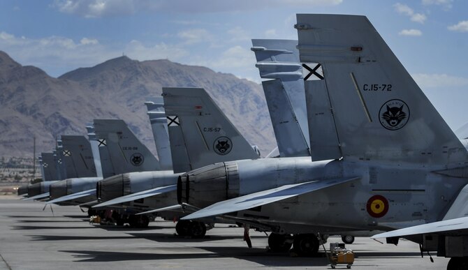 Spanish Air Force EF-18Ms sit on the runway at Nellis Air Force Base, Nev. during Red Flag 16-4, Aug. 17, 2016. Red Flag was established in 1975 as one of the initiatives directed by Gen. Robert J. Dixon, then commander of Tactical Air Command, to better prepare forces for combat. (U.S. Air Force photo/Airman 1st Class Kevin Tanenbaum)