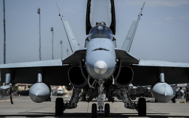 A Spanish Air Force EF-18M prepares for takeoff during Red Flag 16-4 at Nellis Air Force Base, Nev., Aug. 17, 2016. Red Flag is a realistic combat exercise involving U.S. and allied air forces conducting training operations on the 15,000-square-mile Nevada Test and Training Range. (U.S. Air Force photo/Airman 1st Class Kevin Tanenbaum)