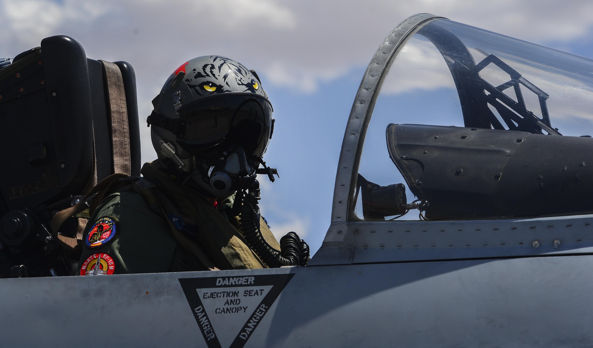 A Spanish air force pilot assigned to the 121st Squadron, Torrejon Air Base, prepares for takeoff at Nellis Air Force Base, Nev., Aug. 18, 2016. Flying units from around the globe deploy to Nellis AFB to participate in Red Flag, the exercise is held four times a year and organized by the 414th Combat Training Squadron. (U.S. Air Force photo by Airman 1st Class Nathan Byrnes)