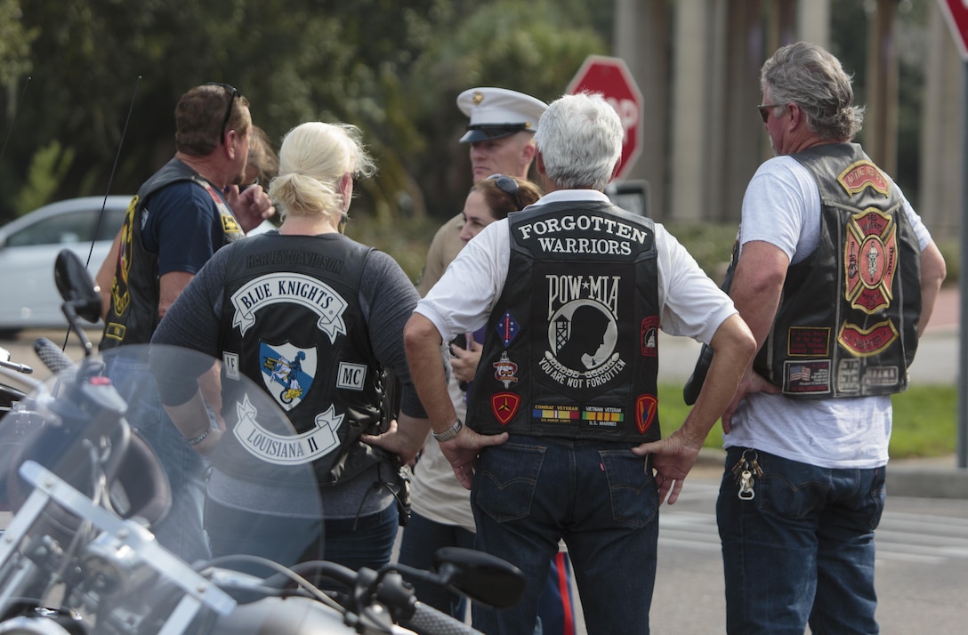 Members of various military and first-responder veteran motorcycle clubs gather at the Goldring/Woldenberg Great Lawn in City Park, New Orleans, Aug. 24, 2016. The motorcycle clubs escorted an 80-percent replica of the Vietnam Memorial Wall to the park. The Marine Corps brought the wall to New Orleans as part of a commemorative plan to honor and remember the 50th anniversary of the Vietnam War. The wall arrived in conjunction with Marine Forces Reserve’s Centennial celebration, which began with events in New Orleans this week. (U.S. Marine Corps photo by Sgt. Ian Leones/Released)