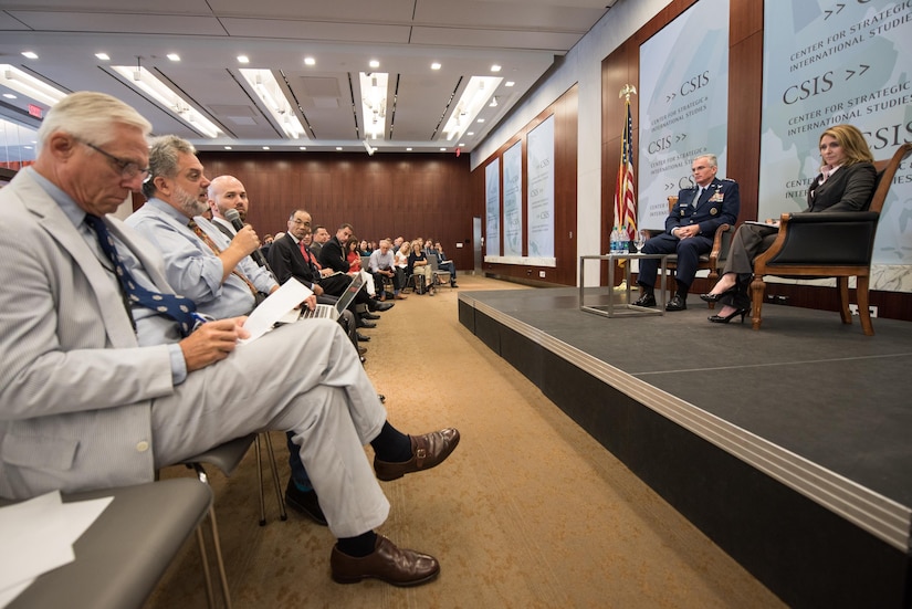 Air Force Gen. Paul J. Selva, vice chairman of the Joint Chiefs of Staff, listens to a question at the Center for Strategic and International Studies in Washington, Aug. 25, 2016. Selva spoke on the future of joint capabilities and military innovation. DoD photo by Army Sgt. James K. McCann