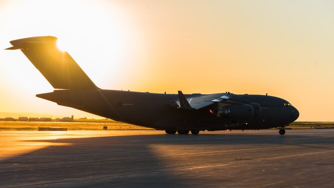A  Royal Australian Air Force C-17 Globemaster III taxis to its destination at Mountain Home Air Force Base, Idaho, July 28, 2016. The RAAF came to the base to pick up several 266th Range Squadron personnel and threat emitters for it's annual Pitch Black exercise.(U.S. Air Force photo by Senior Airman Connor J. Marth)
