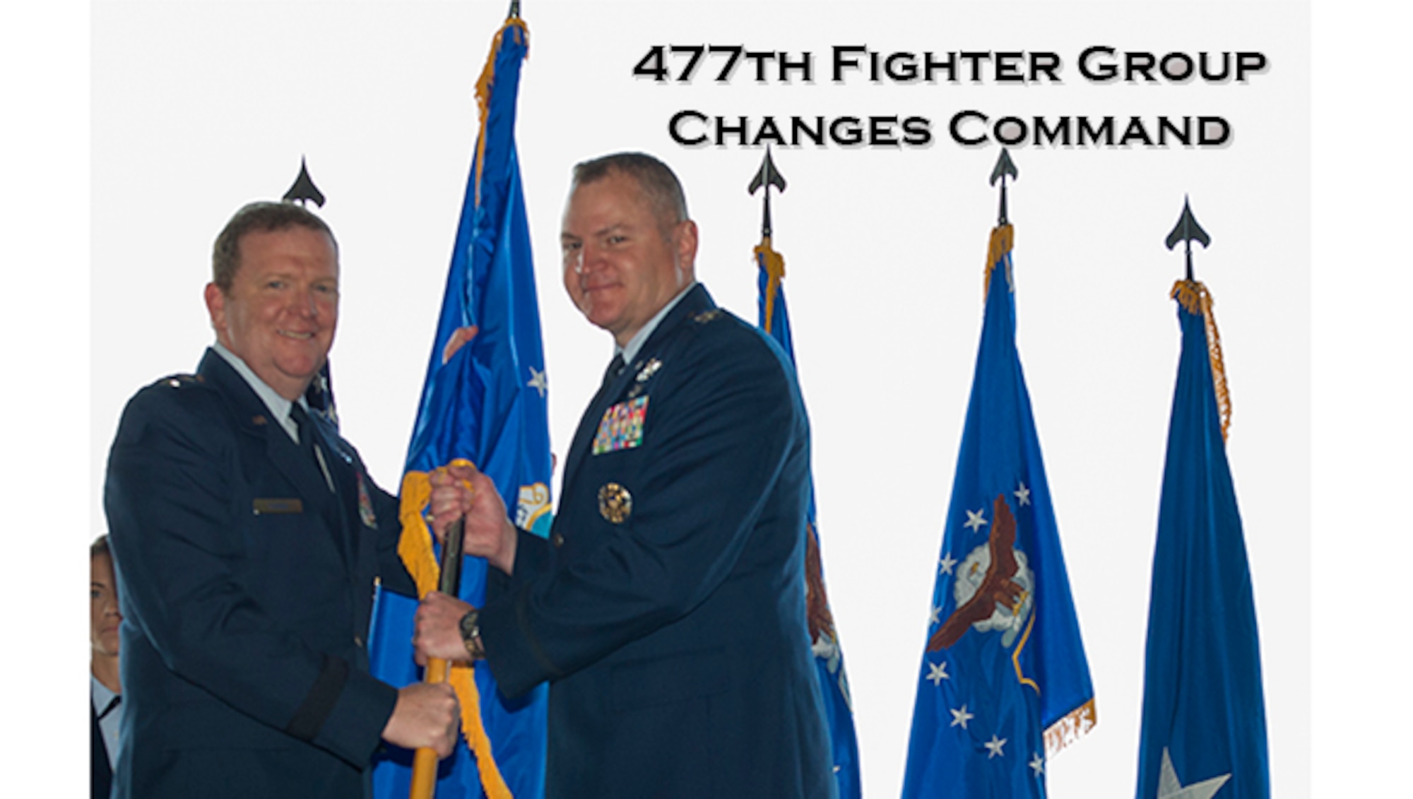 Air Force Col. David Piffarerio relinquishes command of the 477th Fighter Group to Air Force Col. Christopher Ogren during a change of command ceremony at Hangar 1 at Joint Base Elmendorf-Richardson, Alaska, July 10, 2016. The 477th FG is Alaska’s only Air Force Reserve unit, which is responsible for a combat-ready force of more than 500 Airmen under the Total Force Integration concept of AFRC’s first F-22 associate unit. (U.S. Air Force photo by Airman 1st Class Javier Alvarez)
