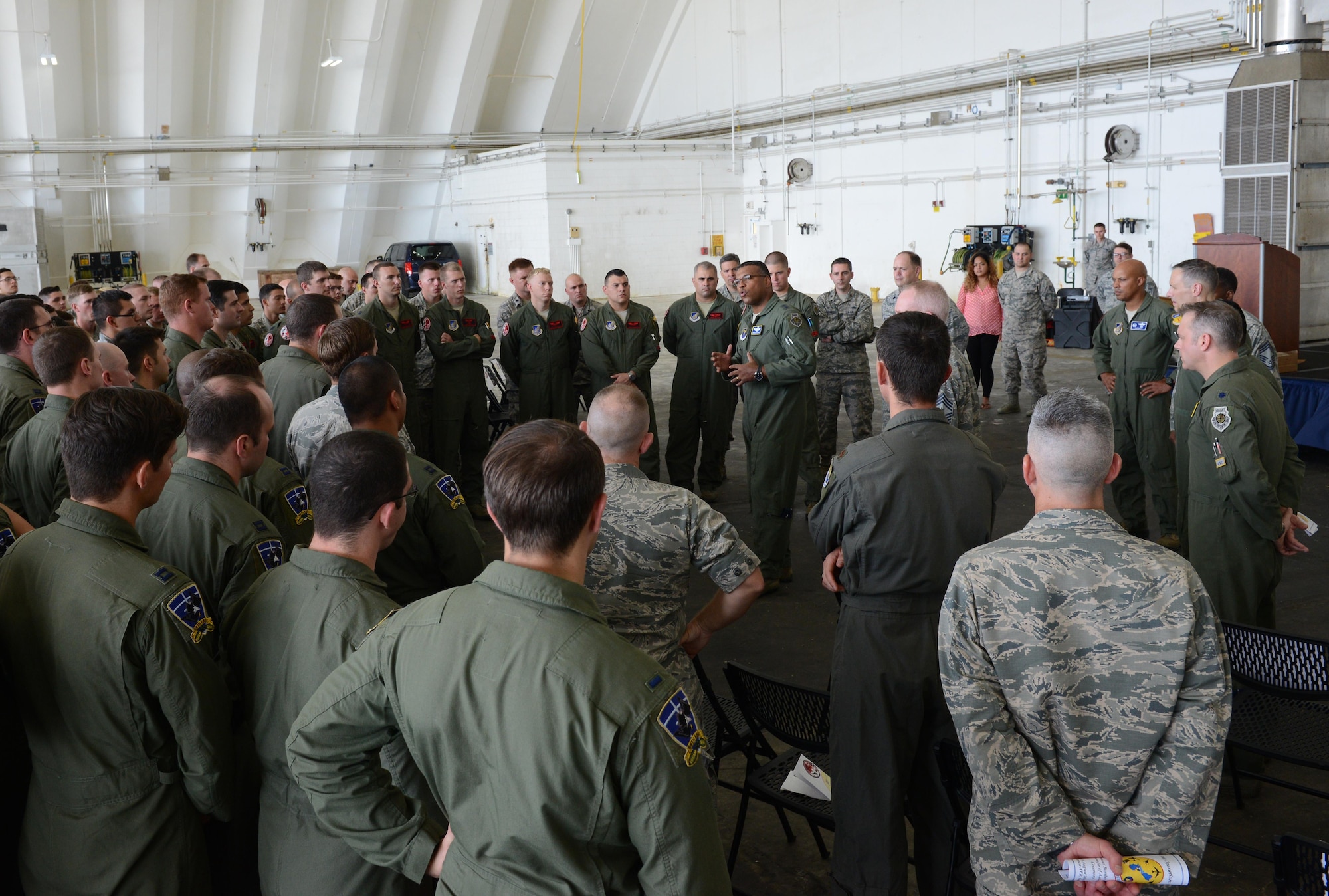 Maj. Gen. Richard Clark, Eighth Air Force commander, speaks to Airmen after a transfer of authority ceremony at Andersen Air Force Base, Guam, Aug. 15, 2016. The ceremony solidified the responsibility of the U.S. Pacific Command’s Continuous Bomber Presence being passed from the 69th EBS from Minot Air Force Base, N.D, to the 34th EBS from Ellsworth Air Force Base, S.D. (U.S. Air Force photo by Airman 1st Class Arielle Vasquez)