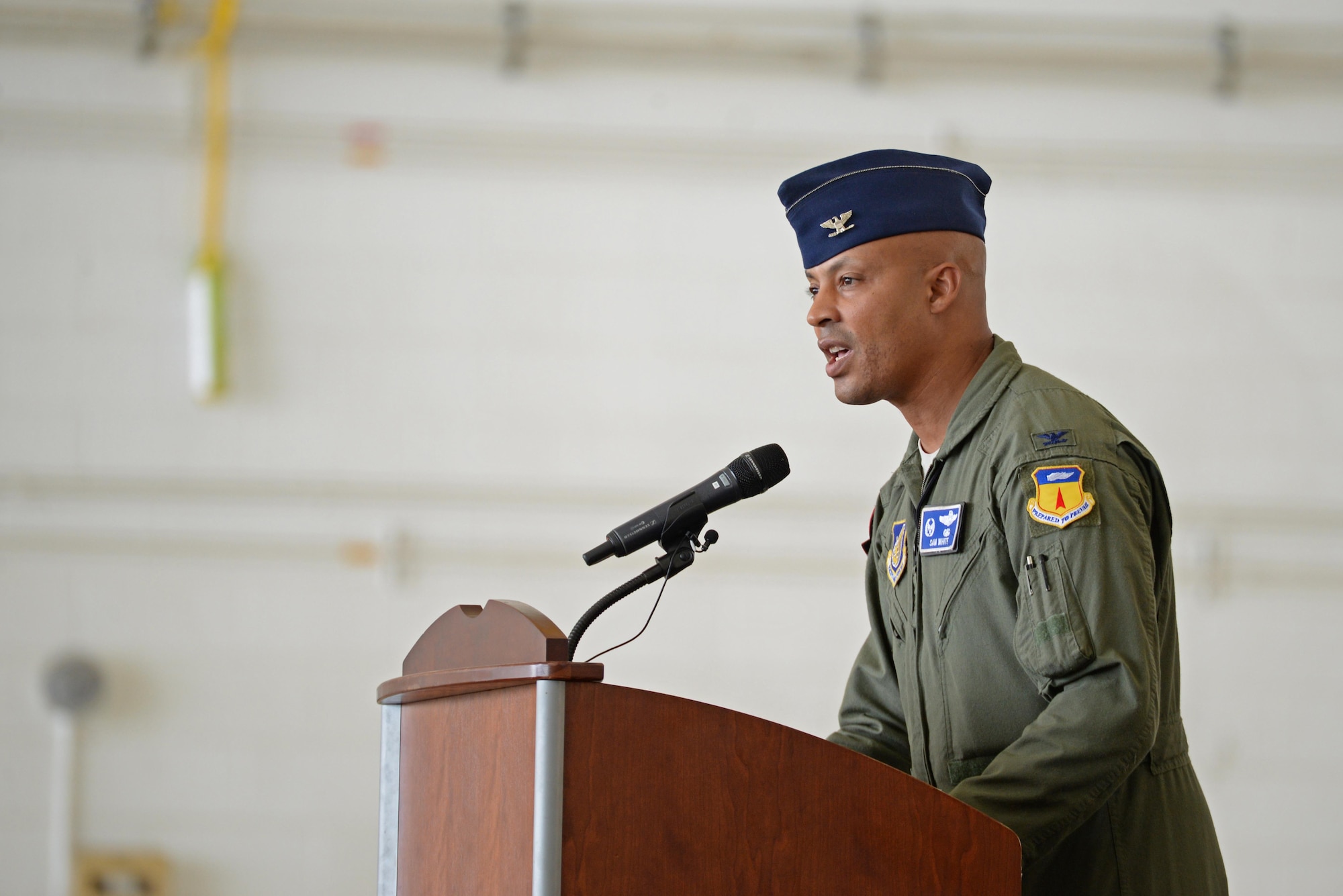 Col. Samuel White, 36th Operations Group commander, speaks during a transfer of authority ceremony at Andersen Air Force Base, Guam, Aug. 15, 2016. The ceremony solidified the responsibility of the U.S. Pacific Command’s Continuous Bomber Presence being passed from the 69th EBS from Minot Air Force Base, N.D, to the 34th EBS from Ellsworth Air Force Base, S.D. (U.S. Air Force photo by Airman 1st Class Jacob Skovo)