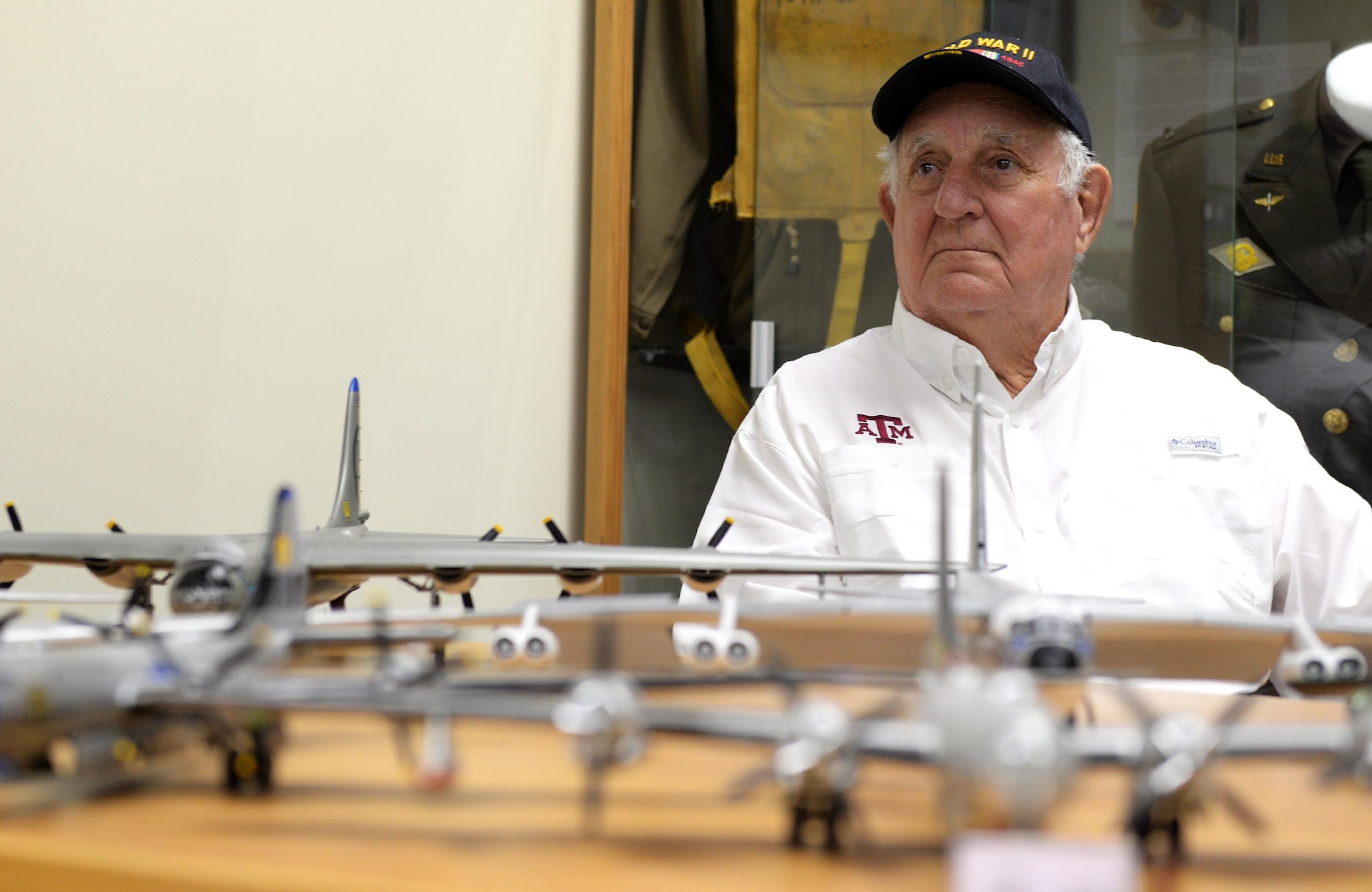 Rowland Ball served as a B-29 Superfortress navigator during the tail end of World War II. He flew 27 missions out of Guam and left soon after the war ended. After 71 years, the 91-year-old received the opportunity to come back to Andersen Air Force Base, known as Northfield in 1945, and share stories about his experiences on Guam. (U.S. Air Force photo by Staff Sgt. Benjamin Gonsier)