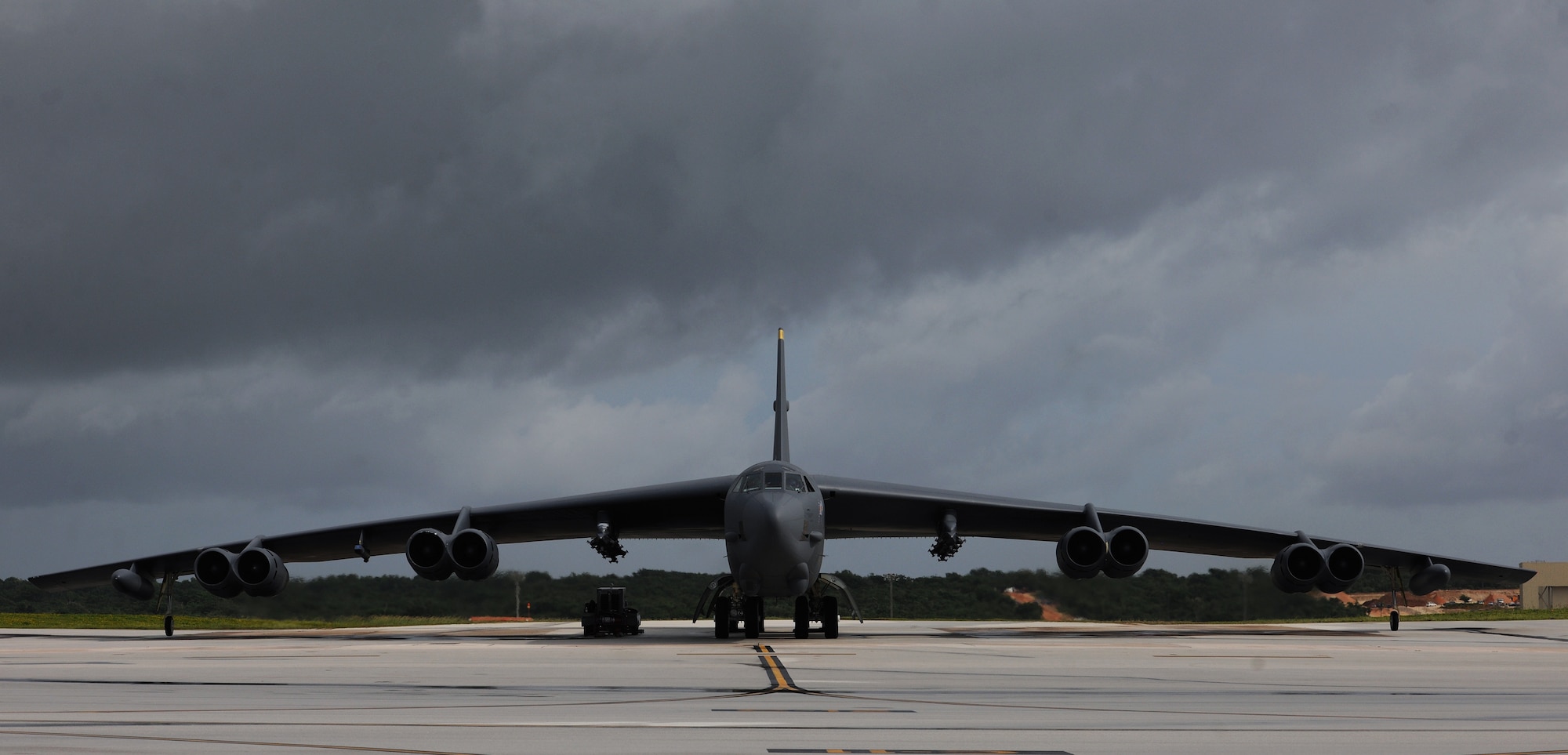A B-52 Stratofortress prepares to taxi on Andersen Air Force Base, Guam, Aug. 24, 2016. The B-52s have served non-stop rotations since 2006, which have been shared between the bomber squadrons from Minot AFB, N.D., and Barksdale AFB, La. (U.S. Air Force photo by Staff Sgt. Benjamin Gonsier)