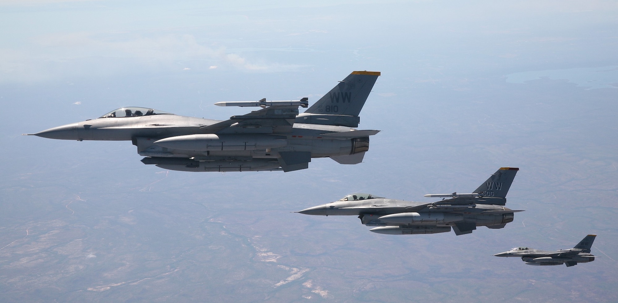Three F-16 Fighting Falcons assigned to the 14th Fighter Squadron at Misawa Air Base, Japan, participate in exercise Pitch Black 16 over Darwin, Australia, Aug. 12, 2016. Pitch Black 16 allowed participating nations to train deployed units in the tasking, planning and execution of offensive counter air and offensive air support missions while utilizing one of the largest training airspace areas in the world. (Courtesy photo by Phil Buckley)