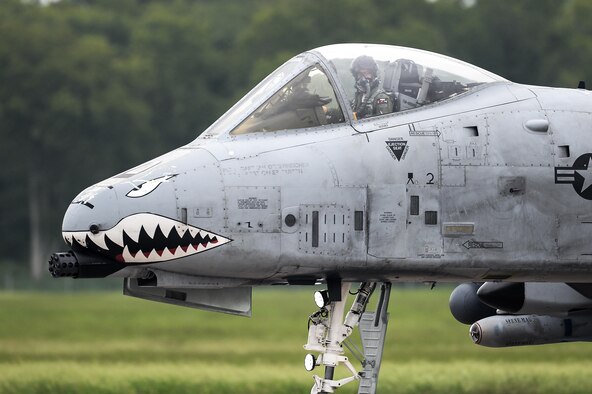 An A-10 Thunderbolt II with the 75th Fighter Squadron from Moody Air Force Base, Ga., taxies down the runway at Barksdale Air Force Base, La., Aug. 20, 2016. A-10 pilots flew in both the A-10 and the A-29B Super Tucano, coordinating simulated close air support missions as part of the exercise. (U.S. Air Force photo/Senior Airman Mozer O. Da Cunha)