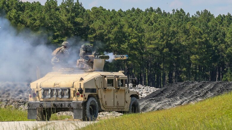 Marines with 3rd Battalion, 6th Marine Regiment fire a Tube-launched, Optically tracked, Wire-guided (TOW) missile during a battle drill at Marine Corps Base Camp Lejeune Camp Lejeune, North Carolina, Aug. 23, 2016.  The Marines performed the drills using the M41A4 Saber Missile System, which can be effective at up to 4,000 meters. 